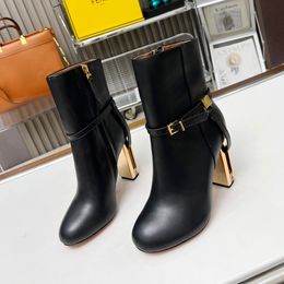 Latest Top Quality Black Genuine Leather High-heeled Ankle Boots Women Designer Block Heel Buckle Decoration Boots with Cut-out Detail and Party