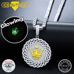 Pendant Necklaces Real Sparkling Full Diamond Round With Glowing Crown Ring Necklace Iced Out Women Men Hip Hop Jewellery Gifts 230920