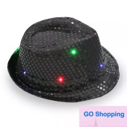 Wholesale Jazz Hats Flashing Light Up Fedora Caps Sequin Cap Fancy Dress Dance Party Hats Unisex Hip-Hop Lamp Luminous Cap