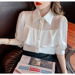 New women's fashion design turn down collar beading chains patchwork puff half sleeve chiffon blouse shirt plus size tops SML271v