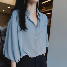 Women's Blouses Retro Loose Blouse Women Korean Chiffon Half Sleeve Lantern Tops Fashion Solid POLO Shirt Casual Breathable Soft Female