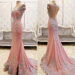 Bling Bling Elegant Pink Long Mermaid Evening Dresses Crystal Beaded Short Sleeves Women Crystal Beaded Formal Prom Dress327P