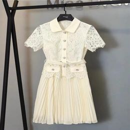 Autumn Two Piece Dress High Quality Summer Runway Fashion Women 2 Piece Sets Embroidery Lace Hollow Out Blouse And Pleated Chiffon298t