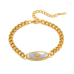 Charm Bracelets Minar INS White Natural Shell Oval For Women 18K Gold PVD Plated Stainless Steel Chunky Cuban Chain Bracelet