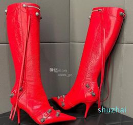 Red Leather Stiletto knee-high boots Vintage gun color threaded buckle decoration Side zipper pointed toe tassel High boots Luxury Designer fashion boot Sizes