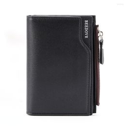 Wallets 2023 Men's Zipper Short Wallet Multifunctional Vertical Mini Snap Button Retro Coin Purse Men PU Leather Card Holder