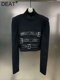 Women's Sweaters DEAT High Street Stand Collar Long Sleeve Knitted T shirt Belt Multi Button Design Sweater Pullover 2023 Autumn 11XX5950 230919