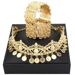 Wedding Jewelry Sets Sunspicems Gold Color Algeria Bride Flower Bangle Bracelet Hairchain Napoleon Coin Hairband 230920