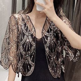 Women's Jackets Women Jacket 2023 V-neck Short Cardigan Little Shawl Cape Summer Sleeve Sequins Hollow Lace Dress D493 230920