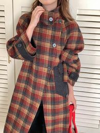 Womens Wool Blends Small Standing Collar Warrior Robe Double sided Fleece Coat Exquisite Contrast Checkered Temperament Loose 230919