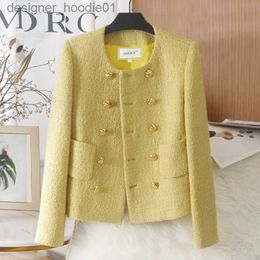 Women's Wool Blends Yellow French Short Chic Little Fragrance Woollen Jacket Women's New Autumn Winter High-End Lady Temperament Tweed Coat L230920