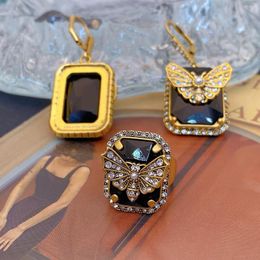 Stud Earrings Heavy Bronze Micro Bee Black Zircon