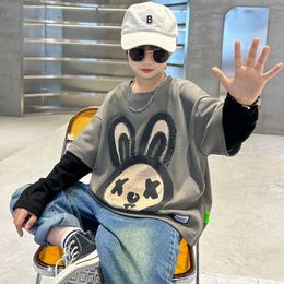 Hoodies Sweatshirts Childrens Clothing Boys Long Sleeved Top Fake Two Pieces Oversize Cartoon Print Round Neck Spring Autumn 514 Years Old 230919