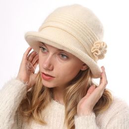 Flower Winter Thickened Warm Caps Knitted Top Hat for Women Brim Hats Beanie Bucket Hat Fashion Accessories