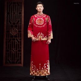 Ethnic Clothing Retro Man Red Embroidery Qipao Chinese Style Traditional Modern Cheongsam Wedding Dress