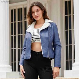 Women's Down Parkas Women's Autumn and Winter Fur As One Mixed Leather Jacket Female Padded Long-sleeved Zip Lapel Short Warm Coat Casual Jacket L230920