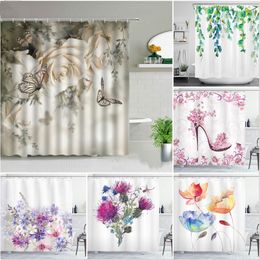 Shower Curtains Roses Butterfly Flower White Shower Curtains Printed Floral Leaf Waterproof Polyester Bathroom Curtain Fabric for Bathtub Decor 230920