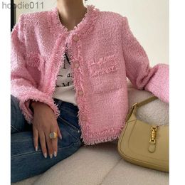 Women's Down Parkas Pink Fringe Fur Shoulder Pad Tweed Jacket Blazer Boucle Crop Coat for Women 2023 Spring L230920