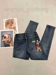 Women's Jeans Designer Tight elastic small leg jeans for women 2023 European Spring/Summer thin pocket bunny embroidered slim cropped pants ULM9