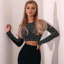 Women's Tanks Camis Sexy Beading Fashion Top Women Long Sleeve Clothes Club Party Mesh Vintage Elegant Tops 230919