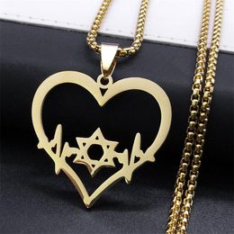 Pendant Necklaces Heartbeat Star Of David Hebrew Blessing Necklace For Women Men Stainless Steel Gold Color Jewish Love Heart Chain Jewelry