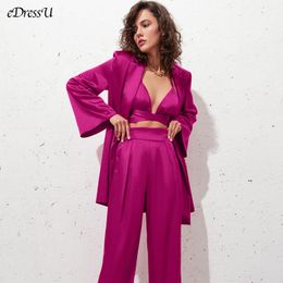 Womens Two Piece Pants eDressU 3PCS Pink Women Satin Blazer Jacket High Quality Long Trousers Office Elegant Sexy Halter Vest Tops Skirt SJY9939 230920