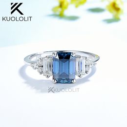 Wedding Rings Kuololit 1CT Blue Ring for Women Solid 14K 10K Yellow Gold Origanal Emerald Cut Engagement Christmas 230920