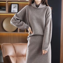 Two Piece Dress 100% Pure Wool Suit Ladies Highneck Pullover Casual Knitted Plus Size Tops Women Highwaist Halflength Skirt Twopiece 230920
