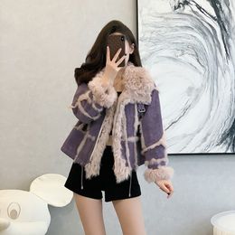 Women Blends Faux Fur Coat 2023 Winter Deer Velvet Chic Motorcycle Jacket With Cotton Thickened Large Collar Short Coats 230920