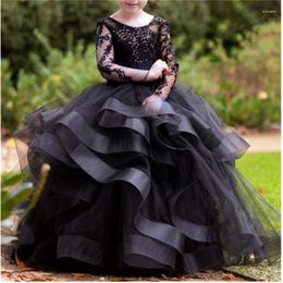 Girl Dresses Black Puffy Sequin Lace Layered Flower Dress Wedding Long Sleeve Princess Party Gowns First Communion Kids Gown Gift