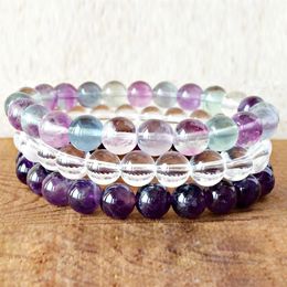 MG0358 New Design Crown Chakra Stack Bracelet Set Natural Fluorite Amethyst Clear Quartz Bracelet Heart Chakra Crystals Bracelet265o