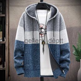 Men's Sweaters 2023 Autumn Winter Fleece Hooded Sweatercoat Striped Knitted Cardigan Men Warm Casual Sweater Jackets Thick Knit Windbreaker Man J230920