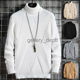 Men's Sweaters Korean Fashion Sweater Mock Neck Sweater Knit Pullovers Autumn Slim Fit Fashion Clothing Men Solid Colour Irregular Stripes 2021 J230920