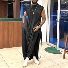 Men's Tracksuits INCERUN 2023 Muslim Style Sets Long-style Sleeveless Tank Tops Pants Leisure Male Well Fitting Solid Two Piece S-5XL