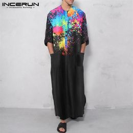INCERUN Men Muslim Robes Tie Dye Print Jubba Thobe Dubai Islamic Arabic Kaftan Long Sleeve Fashion Pockets Button Men Clothes222v