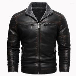 Men's Jackets Men Vintage Thick Leather Jacket Lapel Fleece Casual Motorcycle Biker Coat Streetwear Fashion Winter Windproof EUR