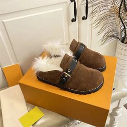 Luis Vuittons Women Lvity Leather Mules Suede Designer Slippers Plush Fur Thermal Slides Indoor Flats Bottomed Buckle Decorative Loafers