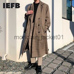 Men's Trench Coats IEFB /men's wear mid-length trench coat plaid print Korean handsome oversize Autumn knee-high Windbreaker double breasted 9Y3943 J230920