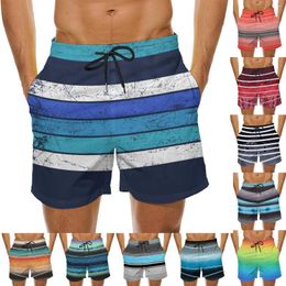 Men's Shorts Summer Fashion Trend Multi-Color Splicing 3d Stripe Printing Loose Quick-Drying Casual Sports Vacation Beach