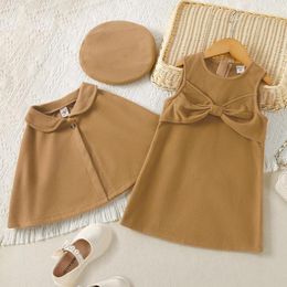 Clothing Sets Kids Toddler Children Baby Girls Sleeveless Bowknot Princess Dress Solid Cloak Coat With Shirt Outfit Cute Leggings Teen