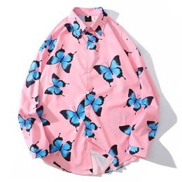 Mens Butterfly Print Hawaii Beach Shirts Harajuku Streetwear 2020 Summer Long Sleeve Blouse Hiphop Unisex Pink Shirts Tops3002