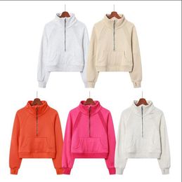 lu-88 Scuba Half Zip Hoodie Womens leggings Ladies collar sweater zipper pullover solid Colour loose long sleeve casual sweater Cashmere