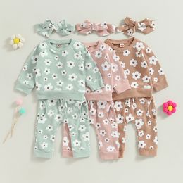 Clothing Sets Autumn Infant Baby Girl Fall Clothes Set Flower Print Long Sleeve Tops Pants Bow Headband Outfit Suit 230919