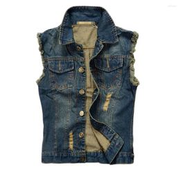 Men's Vests Male Spring Pockets Single Breasted Turn-down Collar Holes Straight Denim Vest Man Distrresses Cardigan Outerwear