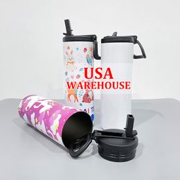 USA warehouse free shipping double walled stainless steel 20oz white blank sublimation straight water bottle tumber with Straw and Portable Handle for DIY