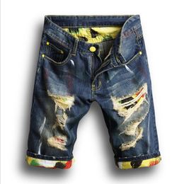 New Summer Mens Holes Denim Shorts Fashion Men Denim Jeans Slim Straight Pants Trend Mens Pants303w