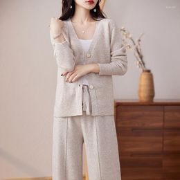 Women's Two Piece Pants Autumn And Winter Cashmere Suit V-Neck Cardigan Knitted Wool Wide-Leg Drape Fashion Two-Piece
