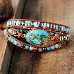 Strand Vintage Handmade Natural Stone Gemstone Bohemian Turquoise Bracelet Multi-layer 3 Strands Leather Wrap For Women