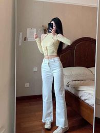 Women's Jeans Women 2023 Chic Fashion White High Waist Straight Pants Vintage Side Pockets Female Ankle Trousers