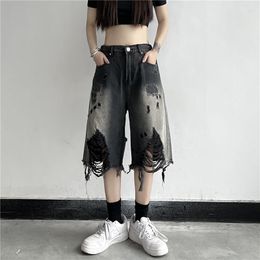 Women's Jeans Y2K Summer Women Vintage Streetwear Black Ripped Denim Shorts High Waist Knee Length Wide Leg Baggy Short Pants Harajuku